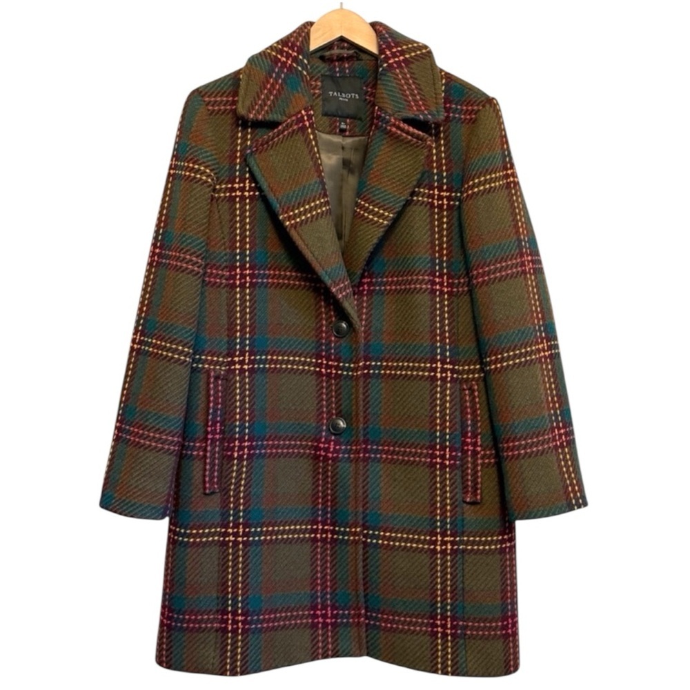 Talbots Wool Blend Olive Green Plaid Coat Petite Medium Like New